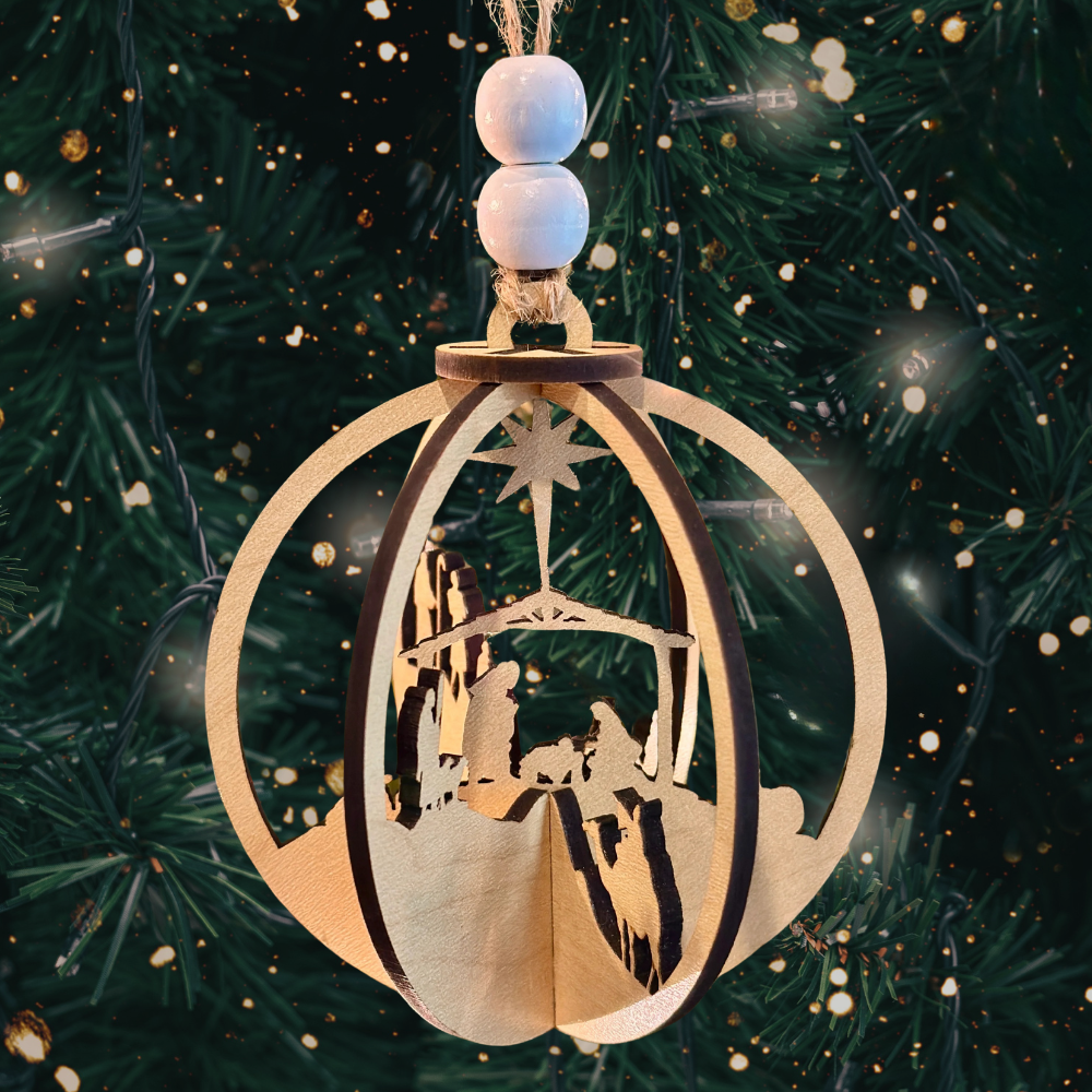 Round 3D Laser Cut Nativity Ornament in Maple