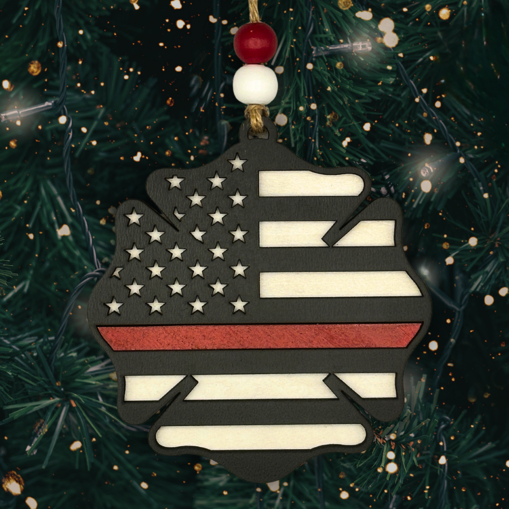 Thin Red Line Firefighter Ornament – American Flag Maltese Cross
