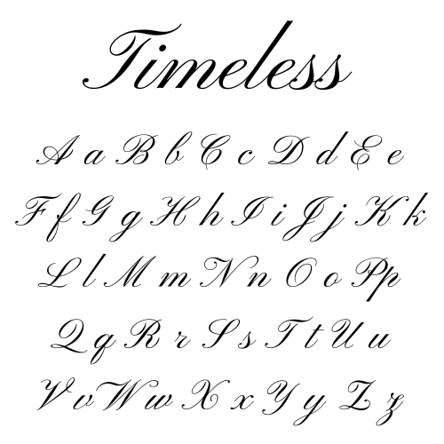 Font referenced as "Timeless" - Calligraphy alphabet set on a white background