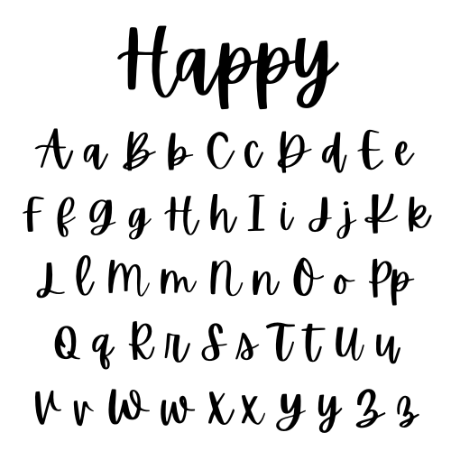 Font referenced as "Happy" - Black cursive text with letters on a white background