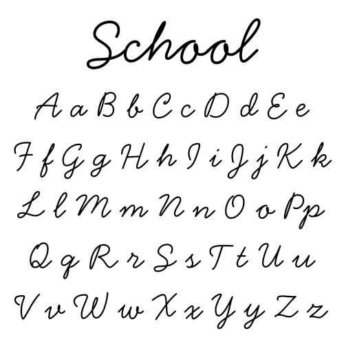 Font referenced as "School" - Cursive alphabet from A to Z on a white background
