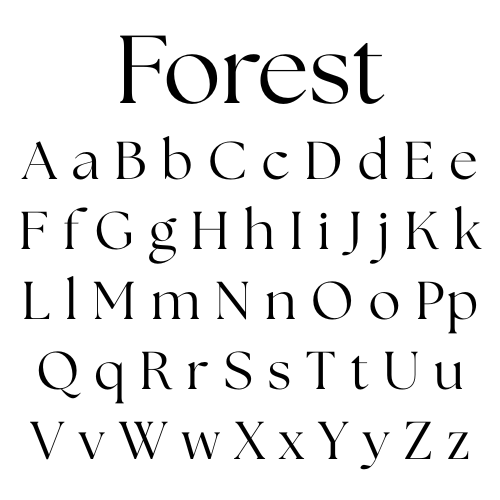Font referenced as "Forest" - Serif font sample with the word 'Forest' and alphabet letters on a white background