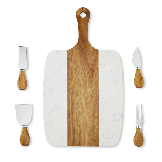 Personalized Marble & Acacia Wood Serving Board Set with Utensils – Custom Engraved Gift