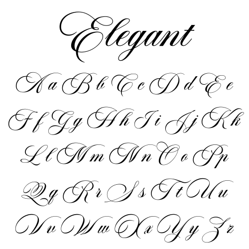 Font referenced as "Elegant" - Calligraphic alphabet letters on a white background