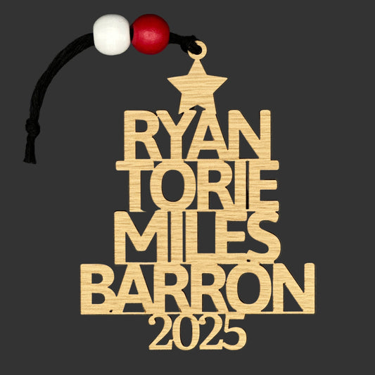 Custom family name Christmas tree ornament made from 1/8 inch oak veneer plywood with star and bead detail