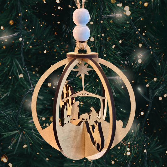 Round 3D Laser Cut Nativity Ornament in Maple