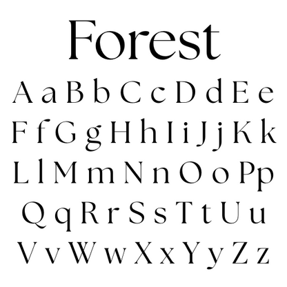 Font referenced as "Forest" - Serif font sample with the word 'Forest' and alphabet letters on a white background