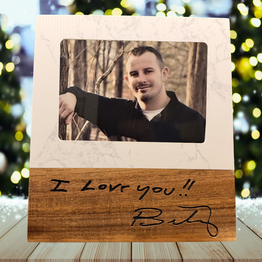 Your Handwriting Engraved Picture Frame – Marble and Wood 5x7