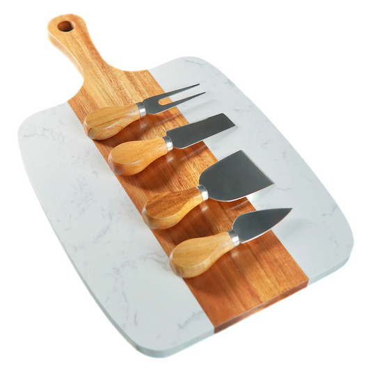 Personalized Marble & Acacia Wood Serving Board Set with Utensils – Custom Engraved Gift