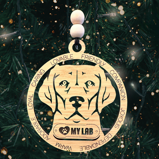 Round 4 inch ornament featuring the profile of a Labrador Retriever featuring the phrase "Love My Lab".