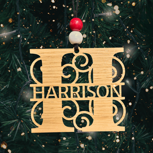 Personalized Monogram Christmas Ornament | Custom Wood Initial with Snowflake or Swirl Design