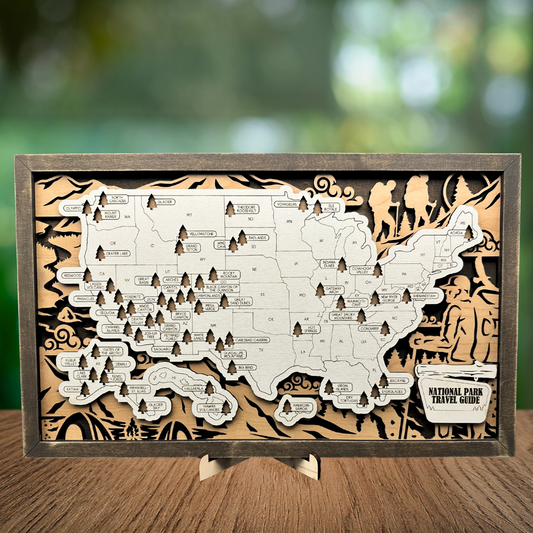 National Park adventure tracker board displayed with hiking designs