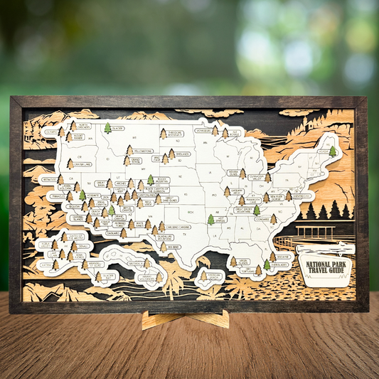 Wooden USA National Park travel map with tree cutouts for park visits with display easel