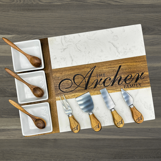 Personalized Marble & Acacia Wood Charcuterie Board Set with Engraved Utensils – Custom Family Name Cheese Board Gift