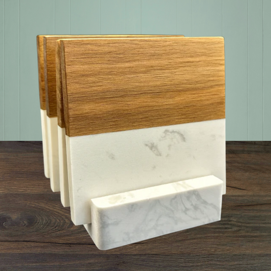 Personalized Marble & Acacia Wood Coaster Set with Holder – Custom Engraved Gift